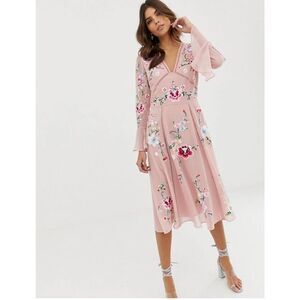 ASOS pink embroidered bell sleeve pink dress 8